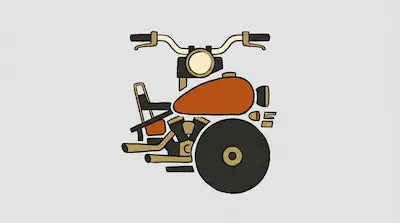 A stylized, fragmented motorcycle with an orange fuel tank and a large black wheel.