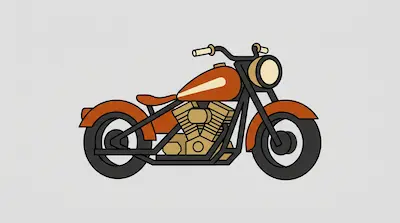 A stylized orange and black motorcycle with a tan engine shown from the side.