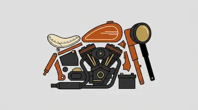 Stylized motorcycle parts, including an orange fuel tank, a V-twin engine, and a tan seat, are arranged in a flat layout on a grey background.