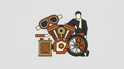 A man stands behind a large motorcycle engine, a spoked wheel, goggles, and a fuel can.