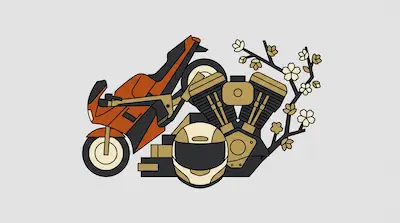 An orange motorcycle, a V-twin engine, and a helmet are grouped with a flowering branch.