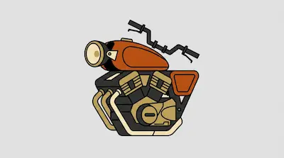 A stylized motorcycle engine with an orange fuel tank, black handlebars, and a round headlight.