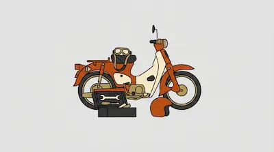 An orange and cream moped with an open toolkit, a helmet, and goggles.