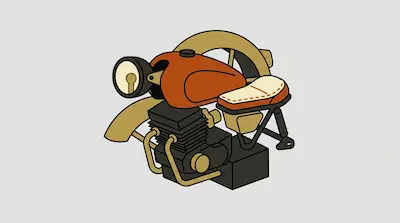 A stylized illustration of motorcycle components, including a red fuel tank, a cream seat, and an engine block.