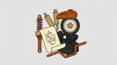 A collection of stylized motorcycle parts, including an engine, fuel tank, wheel, and a technical drawing on a scroll.