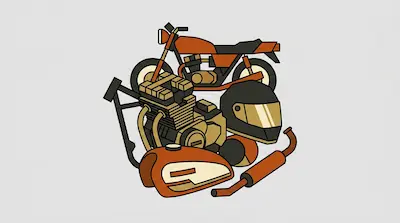 An orange motorcycle and its components, including an engine, helmet, gas tank, and exhaust pipe.