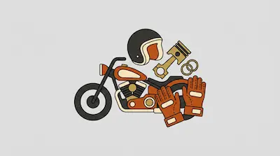 Flat illustration of an orange motorcycle, a black helmet, and leather gloves on a light grey background