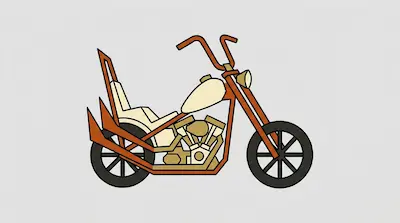 Flat illustration of a custom chopper motorcycle with orange pipes and a cream gas tank on a light gray background