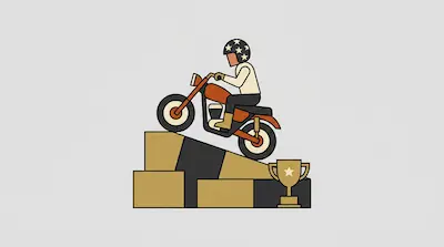 Flat illustration of a person in a star helmet riding a motorcycle up a ramp toward a gold trophy on a gray background