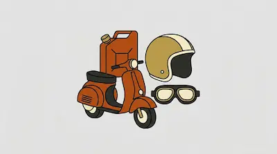 Flat illustration of an orange scooter, a gas canister, a tan helmet, and goggles on a light grey background