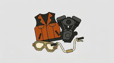Flat illustration of a biker vest, a motorcycle engine, goggles, and handlebars on a light gray background