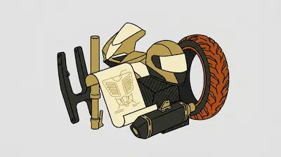 A collection of motorcycle parts and gear, including a helmet, tire, exhaust, and blueprint.