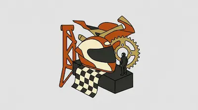A motorcycle helmet, a checkered flag, a sprocket, and a small figure in a racing suit are arranged in a stylized graphic.