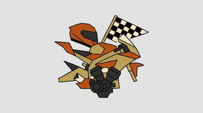 A stylized motorcycle racer in orange and tan gear with a checkered flag.