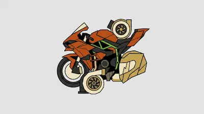 An orange and black motorcycle with green accents is depicted in a geometric style alongside two turbochargers and a gold helmet.