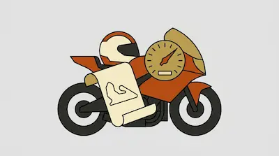 An orange sport motorcycle with a helmet, a speedometer, and a scroll showing a race track layout.