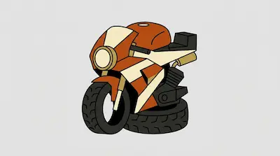 A stylized orange and cream motorcycle with a round headlight and thick black tires.
