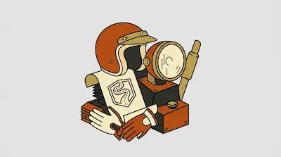 A stylized arrangement of motorcycle gear featuring an orange helmet, a round headlight, and a pair of gloves.
