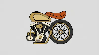 A stylized graphic of a motorcycle's V-twin engine, fuel tank, seat, and rear wheel.