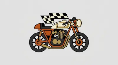 An orange and cream cafe racer motorcycle with a checkered flag graphic.