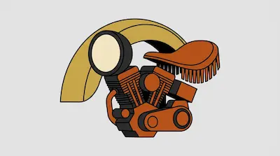 A stylized motorcycle engine with a round headlight, a yellow fender, and a brown seat.