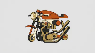 A stylized motorcycle with an orange fuel tank, a large round headlight, and visible engine components.
