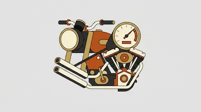 A stylized motorcycle with an orange fuel tank, a large speedometer, and a V-twin engine.