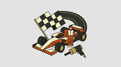 An orange and cream race car, a driver, a checkered flag, a curved track, and a pneumatic wheel gun.