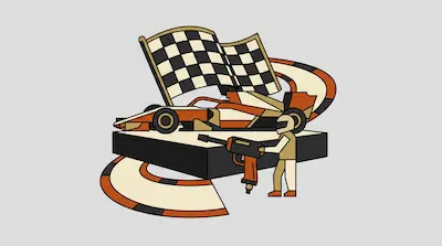 An orange and white race car and a pit crew member holding a wheel gun are positioned in front of a checkered flag and curved track segments.