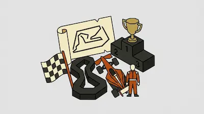 A collection of racing-themed items including a checkered flag, a track map, a race car, a driver, and a trophy on a podium.