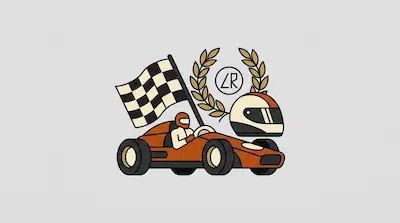 A stylized graphic of an orange open-wheel race car, a driver, a checkered flag, a laurel wreath, and a racing helmet.