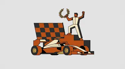A stylized driver stands on a podium holding a laurel wreath next to a race car and a checkered flag.