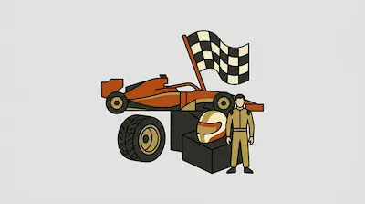 An orange race car, a checkered flag, a large tire, a helmet, and a driver in a tan suit.