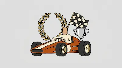 A race car driver in an orange car with a laurel wreath, checkered flag, and trophy in the background.