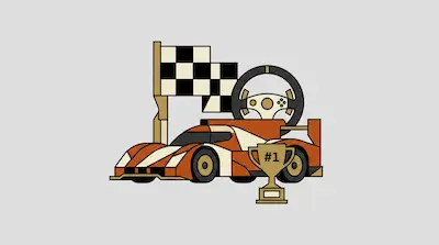 A stylized orange and cream race car is shown with a checkered flag, a steering wheel, and a trophy marked with the number one.