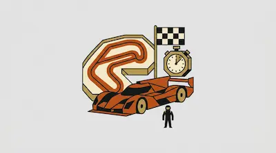 A stylized orange race car, a driver, a checkered flag, a stopwatch, and a race track map.