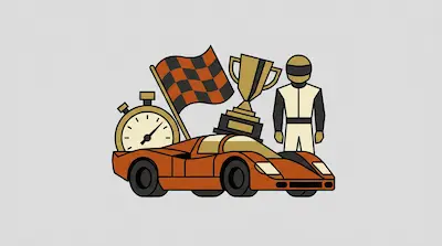 An orange sports car, a racing driver, a trophy, a checkered flag, and a stopwatch.