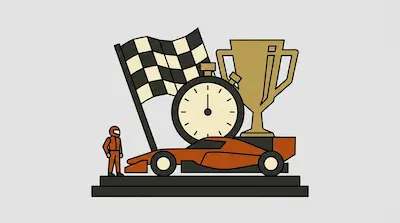 A driver, checkered flag, stopwatch, trophy, and orange race car are arranged on a black platform.