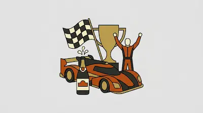 A race car, a driver with arms raised, a trophy, a checkered flag, and a bottle of champagne.