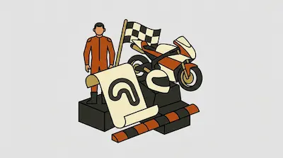 A motorcycle racer in an orange suit stands next to a motorcycle, a checkered flag, a helmet, and a scroll with a question mark.
