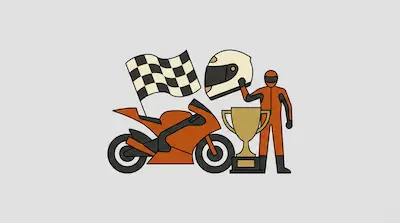 A motorcycle racer in an orange suit stands next to a trophy and an orange sportbike with a checkered flag in the background.