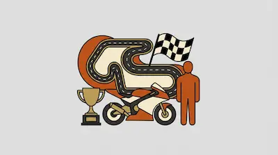 A winding racetrack, a sport motorcycle, a trophy, a checkered flag, and a human figure are arranged in a graphic composition.