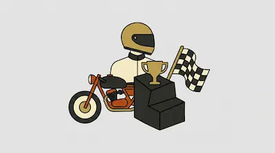 A motorcycle racer, a motorcycle, a winner's podium with a trophy, and a checkered flag.
