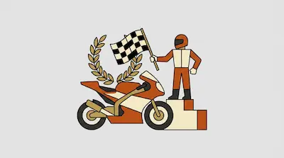 A motorcycle racer in an orange suit stands on a podium holding a checkered flag next to an orange sportbike and a laurel wreath.