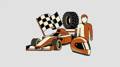 An orange and white race car surrounded by a checkered flag, a large tire, a racing driver, and a helmet.