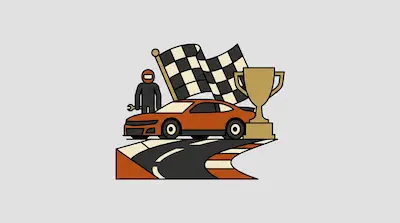 An orange race car, a driver holding a wrench, a checkered flag, and a trophy are positioned above a curved section of a racetrack.