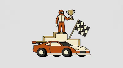 A race car driver stands on a podium holding a trophy, with a checkered flag and an orange race car in the foreground.