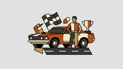 A stylized race car driver stands beside an orange and white car with a checkered flag and trophy.