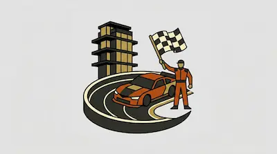 A person in an orange racing suit holds a checkered flag next to a race car on a track with a building in the background.