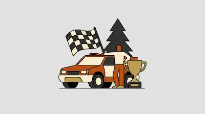A person stands next to an orange car holding a checkered flag, with a trophy and a pine tree in the background.
